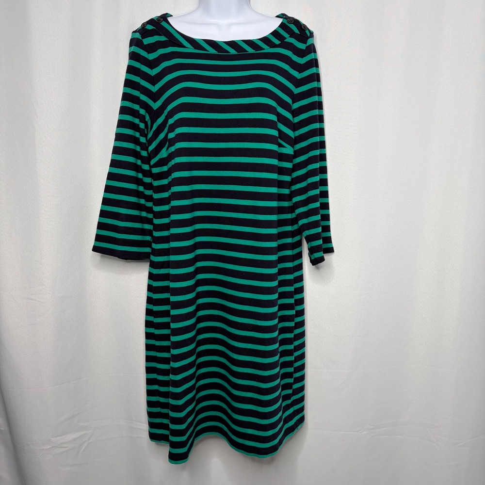 Talbots Women Green Navy Blue Striped Cotton Boatneck Sheath Dress Large Coastal